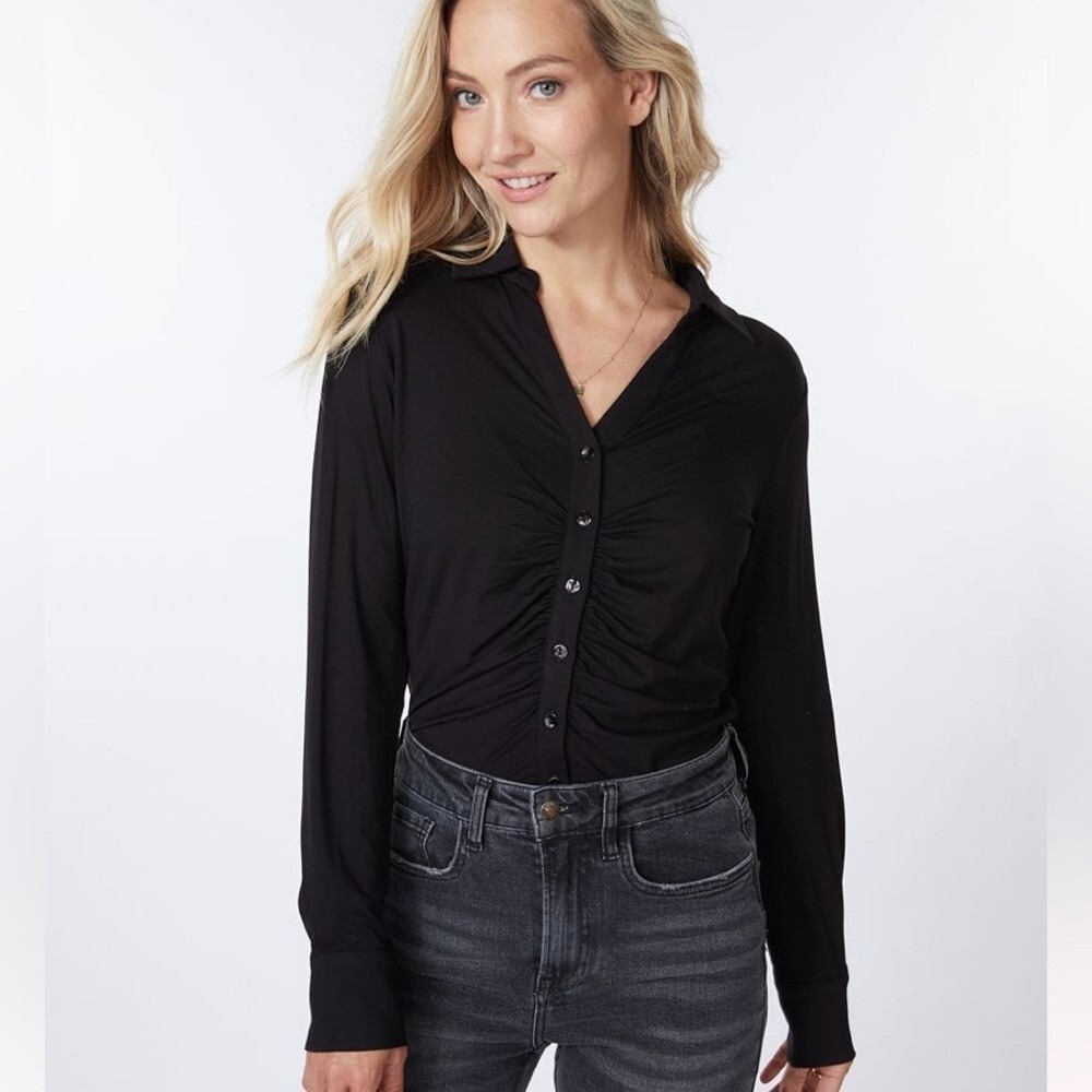 Esqualo Blouse Fancy Pleats Button‎ Down Long Sleeve Black Extra Large XL